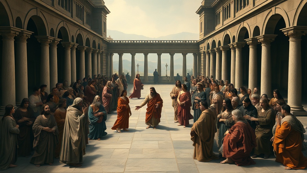 Renaissance allegory of civic division with compassionate central figure