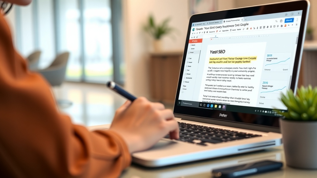 یک فرد در حال نوشتن بر روی لپ‌تاپ با افزونه Yoast SEO در گوگل داکس باز شده که تحلیل سئو در زمان واقعی را نشان می‌دهد.
