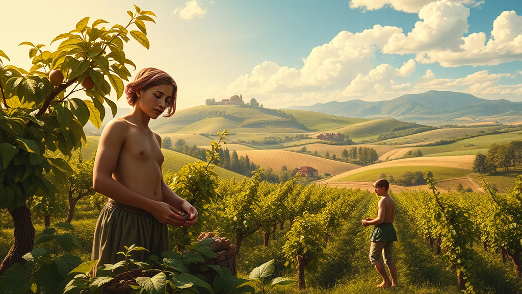 청년 농부들이 과수원을 돌보는 장면