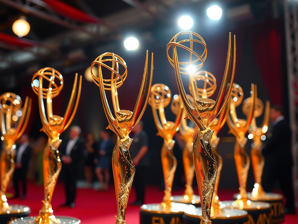 A realistic image of a television screen displaying scenes from Severance, The Last of Us, and Andor, surrounded by Emmy awards, symbolizing their widespread Emmy nominations.