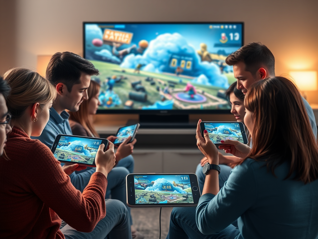 تصویری واقع‌گرایانه و باکیفیت از گروهی متنوع از افراد که در حال بازی‌های ابری روی دستگاه‌های مختلف مانند گوشی‌های هوشمند، تبلت‌ها و تلویزیون‌های هوشمند هستند، با یک رابط کاربری یکپارچه و آینده‌نگر، نمادی از دسترسی‌پذیری و آینده بازی ابری.