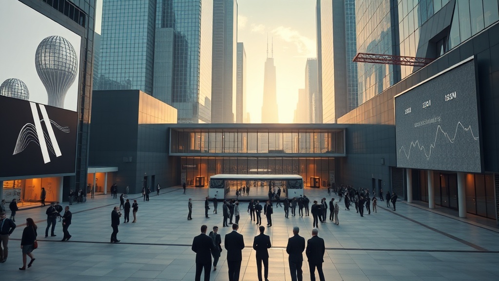 현대적 회의장과 광장의 평화로운 준비 풍경