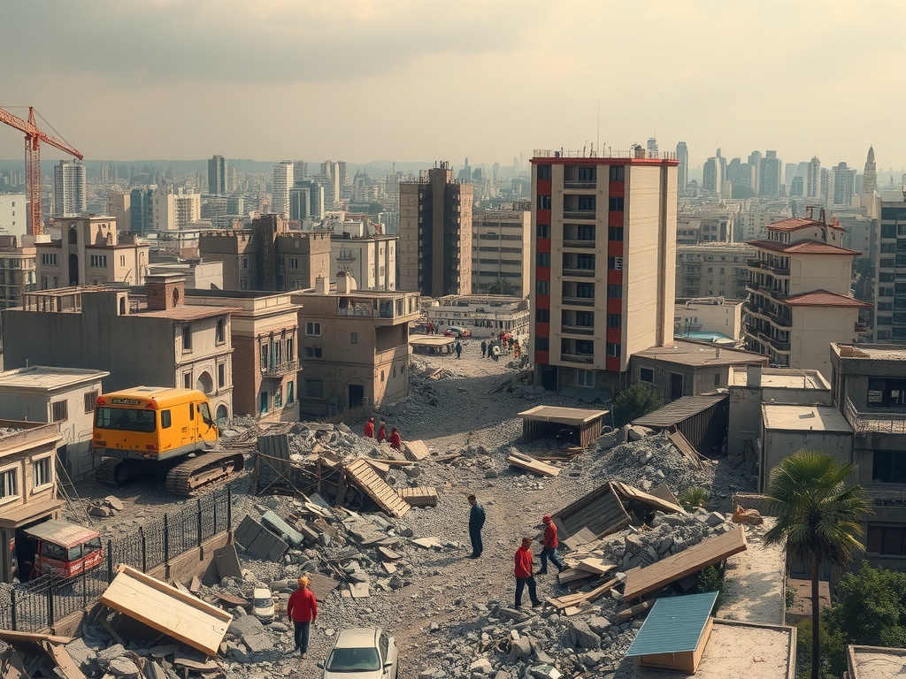 منظرهای ویرانشده از شهر پس از زلزله، با تلاشهای امدادی در جریان، که نمادی از هزینههای انسانی و تاثیر شکست سیستم هشدار زلزله اندروید، گوگل، ترکیه، فاجعه طبیعی، فناوری است.