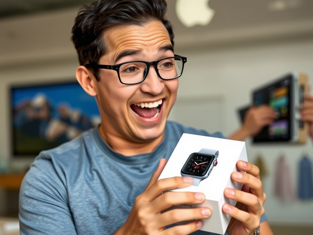 A person happily unboxing a refurbished Apple Watch, looking excited about finding great Apple Watch Deals, with a subtle background of an Apple Store or website. realistic, high-quality