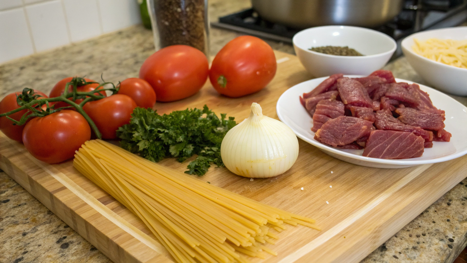 Youvetsi ingredients arranged on wooden table