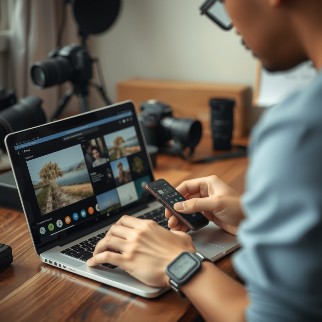 A person carefully selecting photos on a laptop, with a camera and photography equipment in the background, symbolizing the thoughtful process of choosing images for online photo competitions.