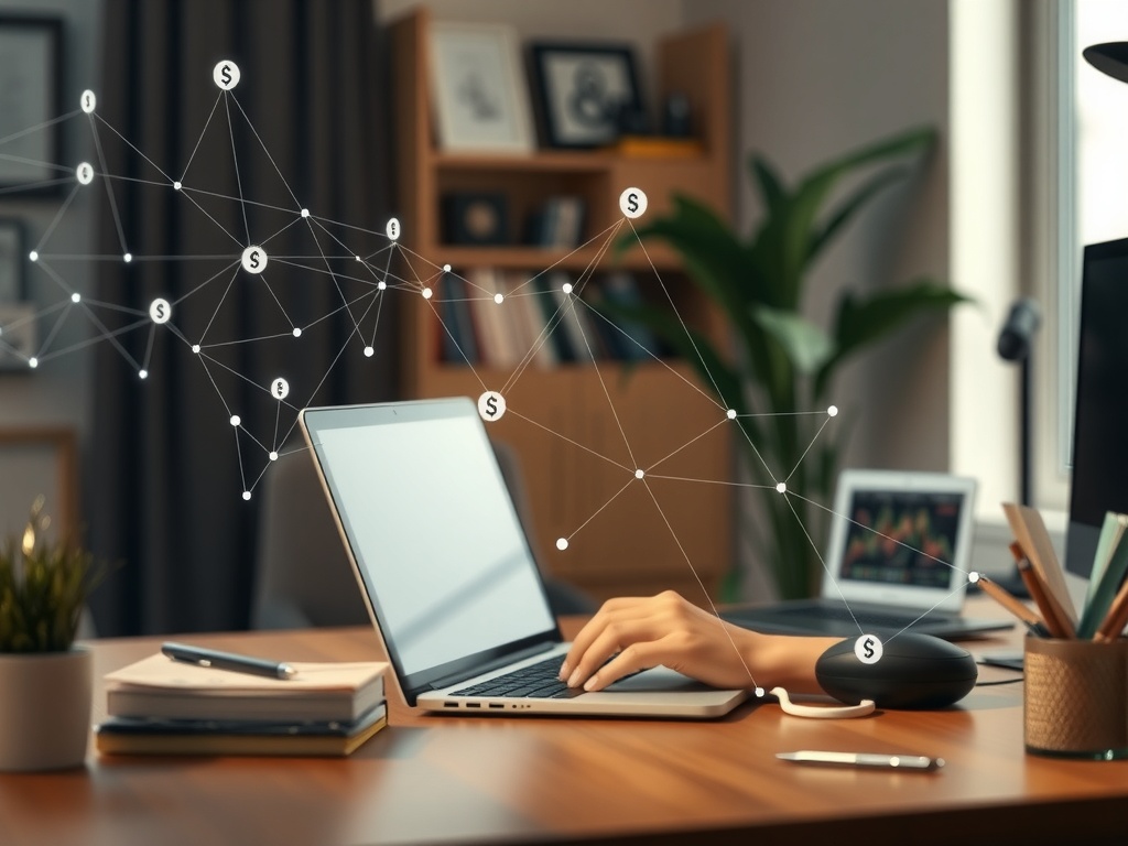 فردی در حال کار با لپ‌تاپ در یک دفتر کار خانگی مدرن که نمادهای بیت‌کوین و شبکه بلاک‌چین در اطراف آن به صورت محو دیده می‌شوند.