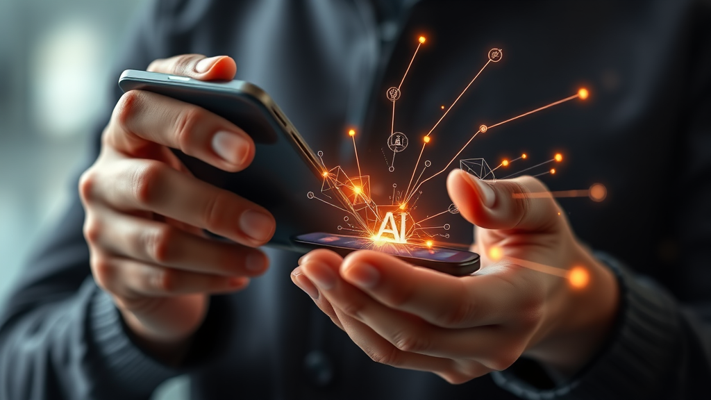 تصویری واقع‌گرایانه و باکیفیت از فردی که یک گوشی هوشمند مدرن را در دست دارد، با خطوط درخشان و عناصر انتزاعی هوش مصنوعی که از صفحه نمایش ساطع می‌شوند و قابلیت‌های پیشرفته هوش مصنوعی مانند ترجمه بی‌درنگ یا ویرایش هوشمند عکس را نمادین می‌کنند.