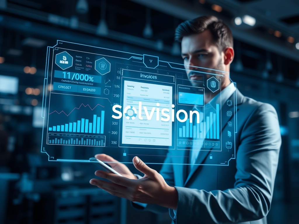 A business professional interacts with a holographic Solvision interface showing efficient financial data.