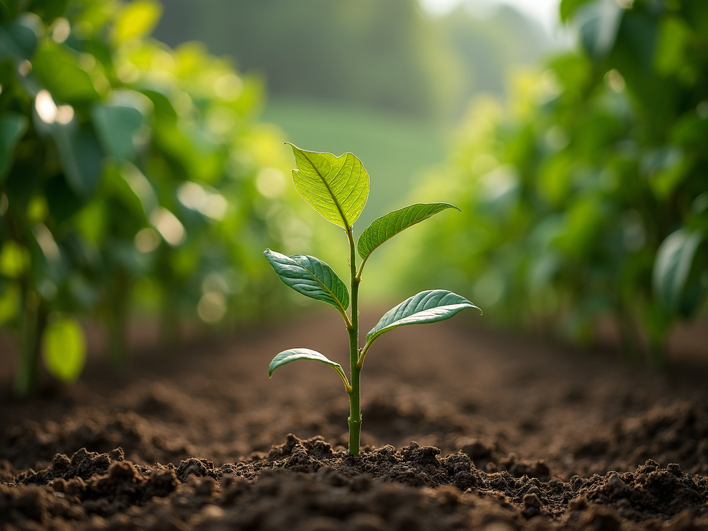Young coffee plant growing under shade trees in an Indian plantation.