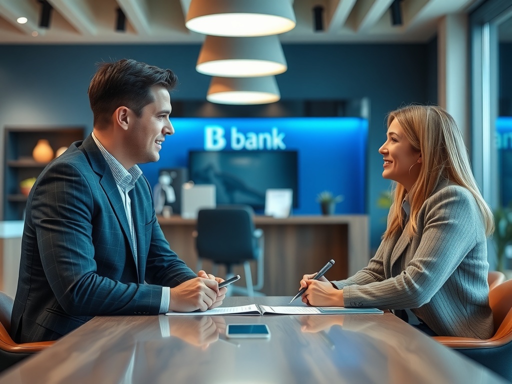 یک مشاور بانکی در حال گفتگوی حرفه‌ای با مشتری در یک شعبه مدرن بانک، که نشان‌دهنده اهمیت تعامل انسانی در بانکداری دیجیتال است.