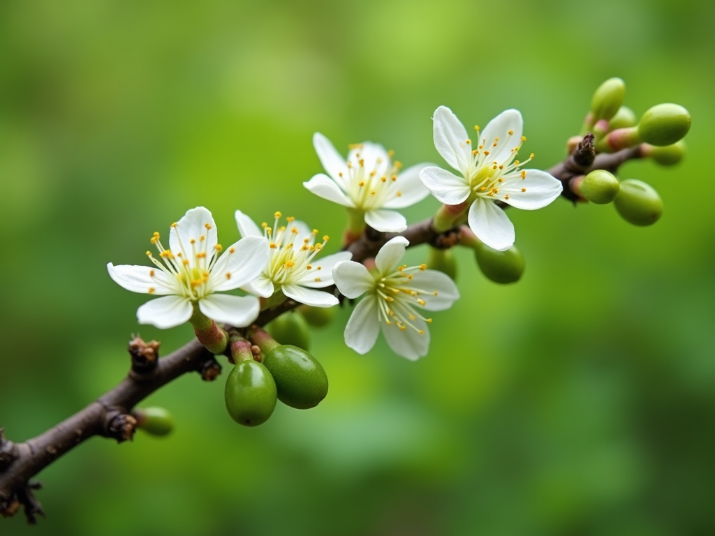 Coffee blossoms on a branch during the flowering season.