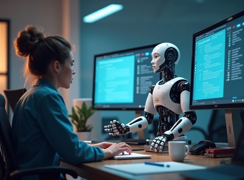 An office scene where an employee looks puzzled at a robotic assistant showing inconsistent checklists, illustrating the confusion caused by uncoordinated AI routines.