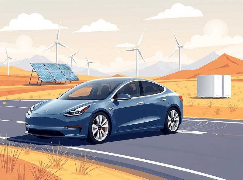 A dynamic illustration showcasing Tesla's core businesses. Feature a sleek Tesla electric car (like a Model 3 or Model Y) driving on a road, with elements representing renewable energy (solar panels, wind turbines) and battery storage (Powerwall or Megapack) integrated into the background or landscape. The style should be modern, clean, and convey a sense of sustainable technology and forward movement. Use bright, optimistic colors.