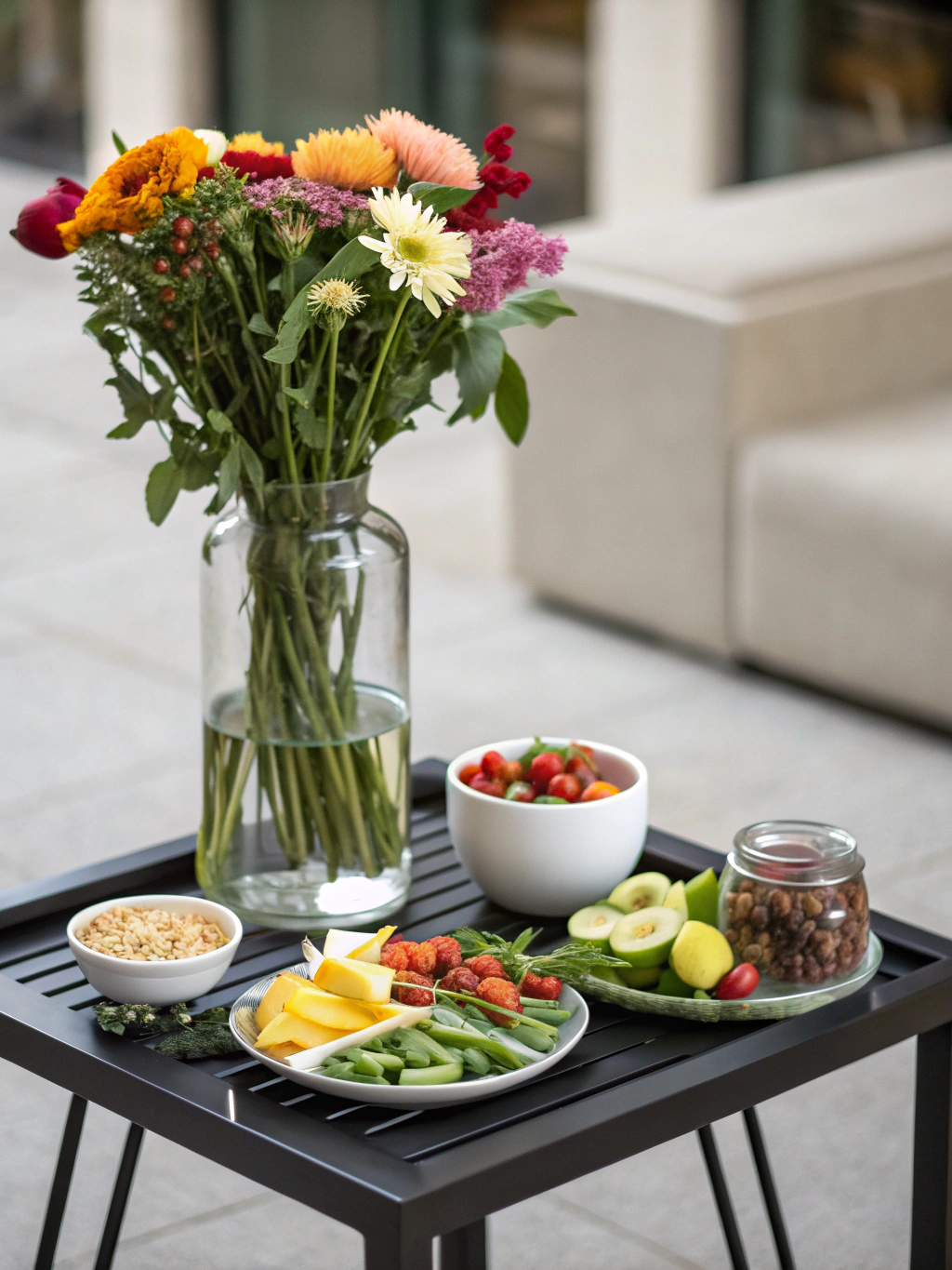 Elegant glass and black side table with modern design featuring transparent top and sleek black metal frame