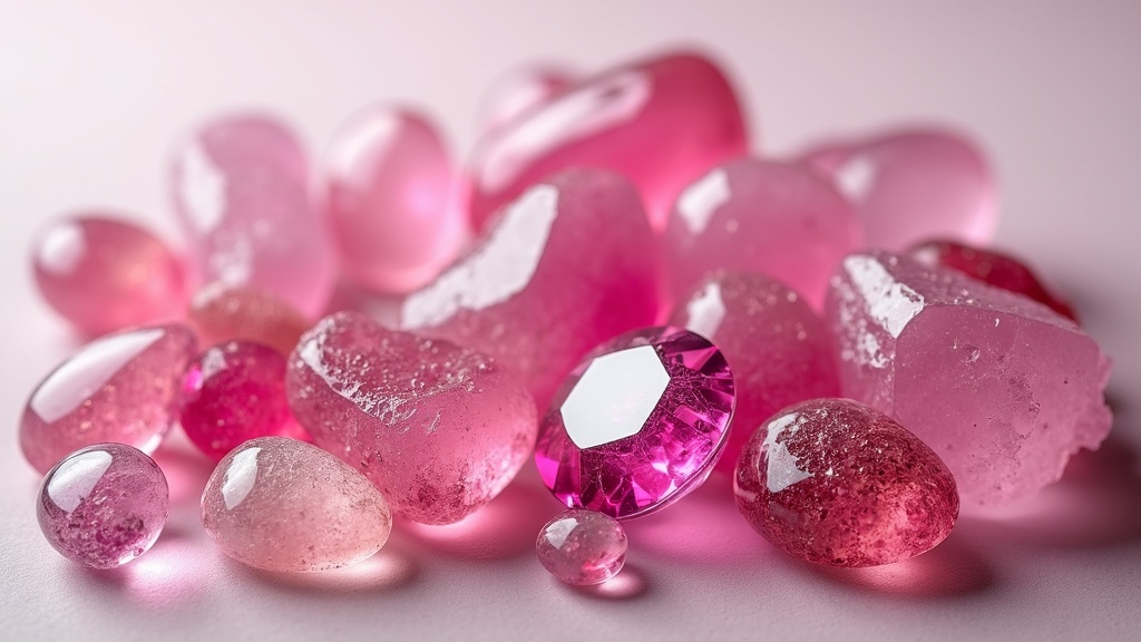 An eye-catching assortment of pink gemstones on a neutral background, including rose quartz, pink sapphire, and other varieties, each showing off their unique colors and sparkles.
