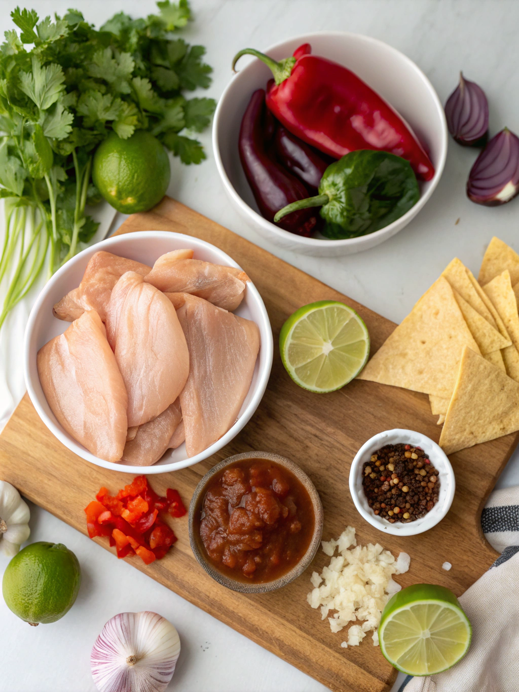Chipotle chicken ingredients arranged on a counter