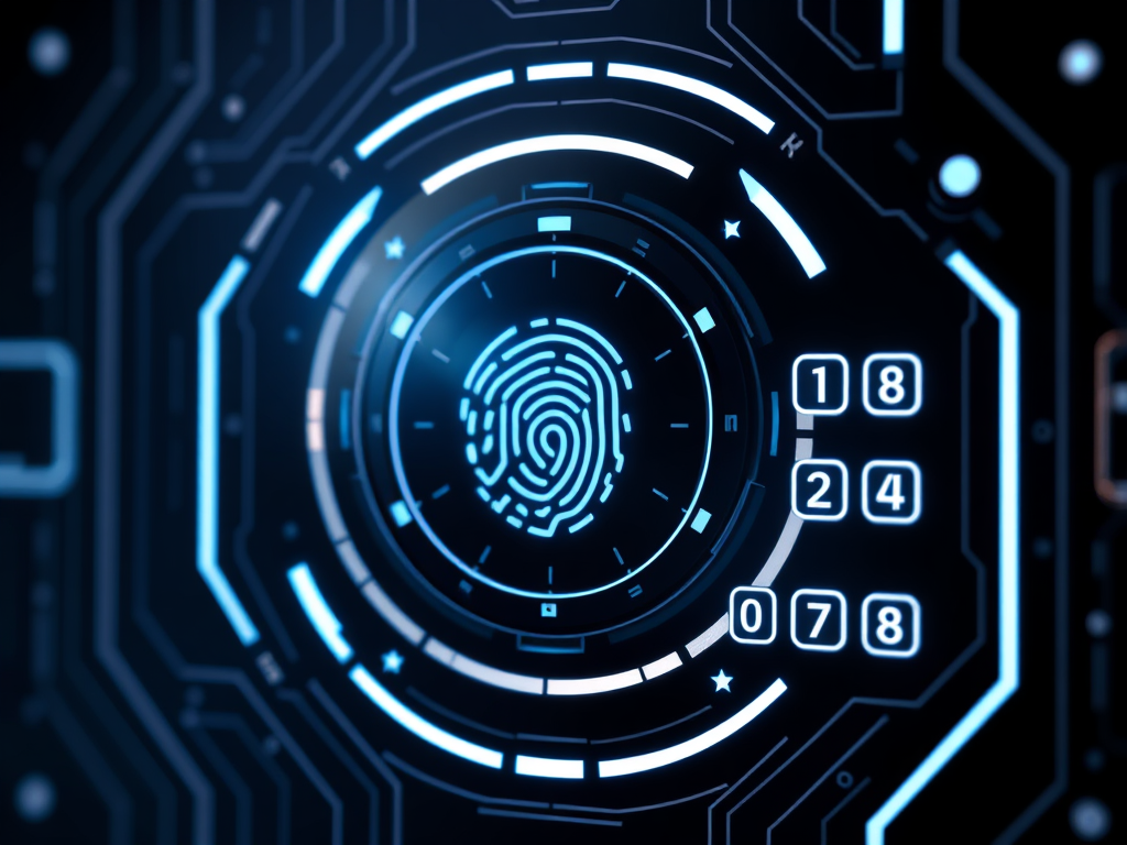 A futuristic digital lock with multi-factor authentication symbols, including a fingerprint scanner and a numerical pad, representing Microsoft Authenticator security