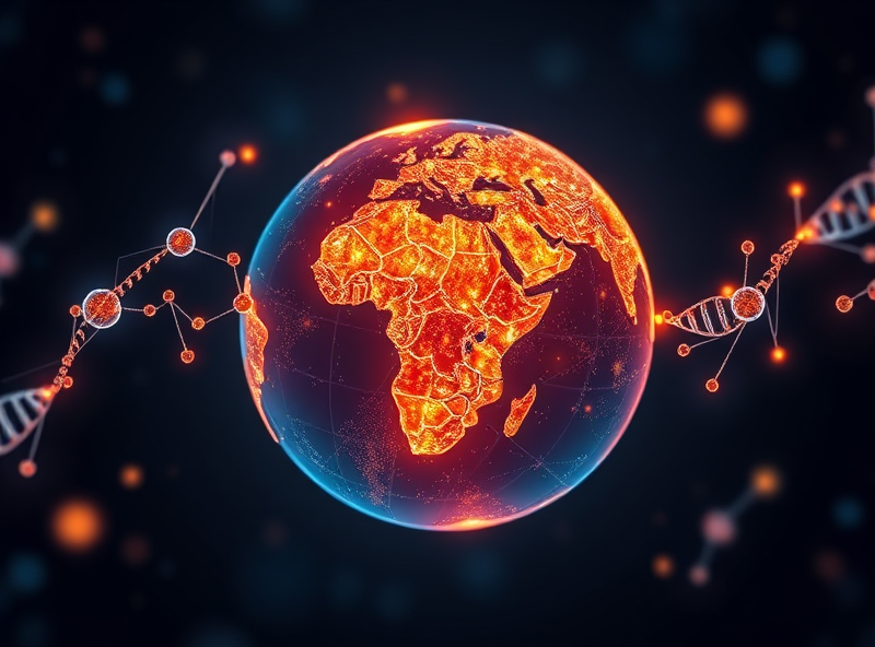 Abstract representation of scientific research: glowing molecules or DNA strands connecting to a globe, representing global R&D and impact on health.
