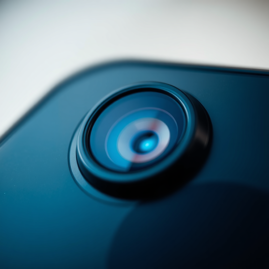 Close-up of a smartphone camera lens with macro photography elements in the foreground, showcasing mobile photography capabilities and video recording features.