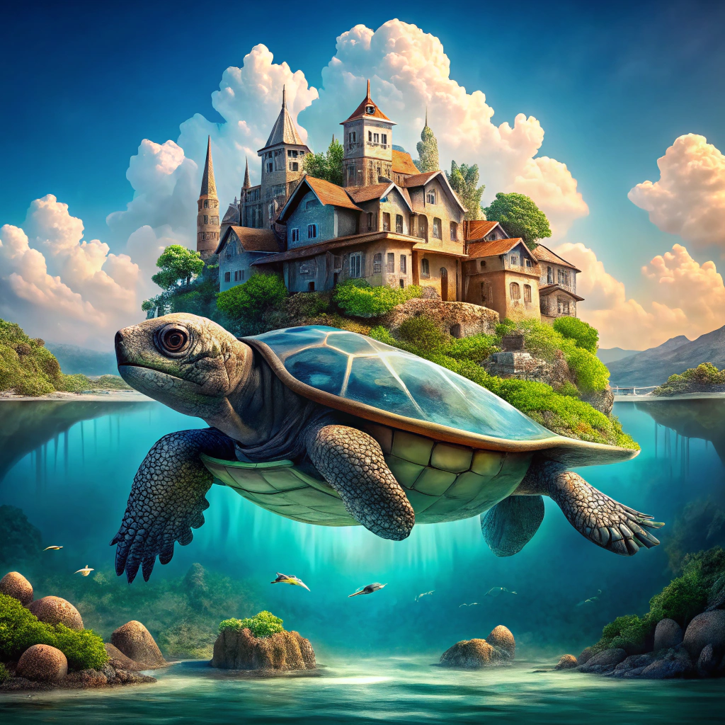 Whimsical Village on a Giant Turtle