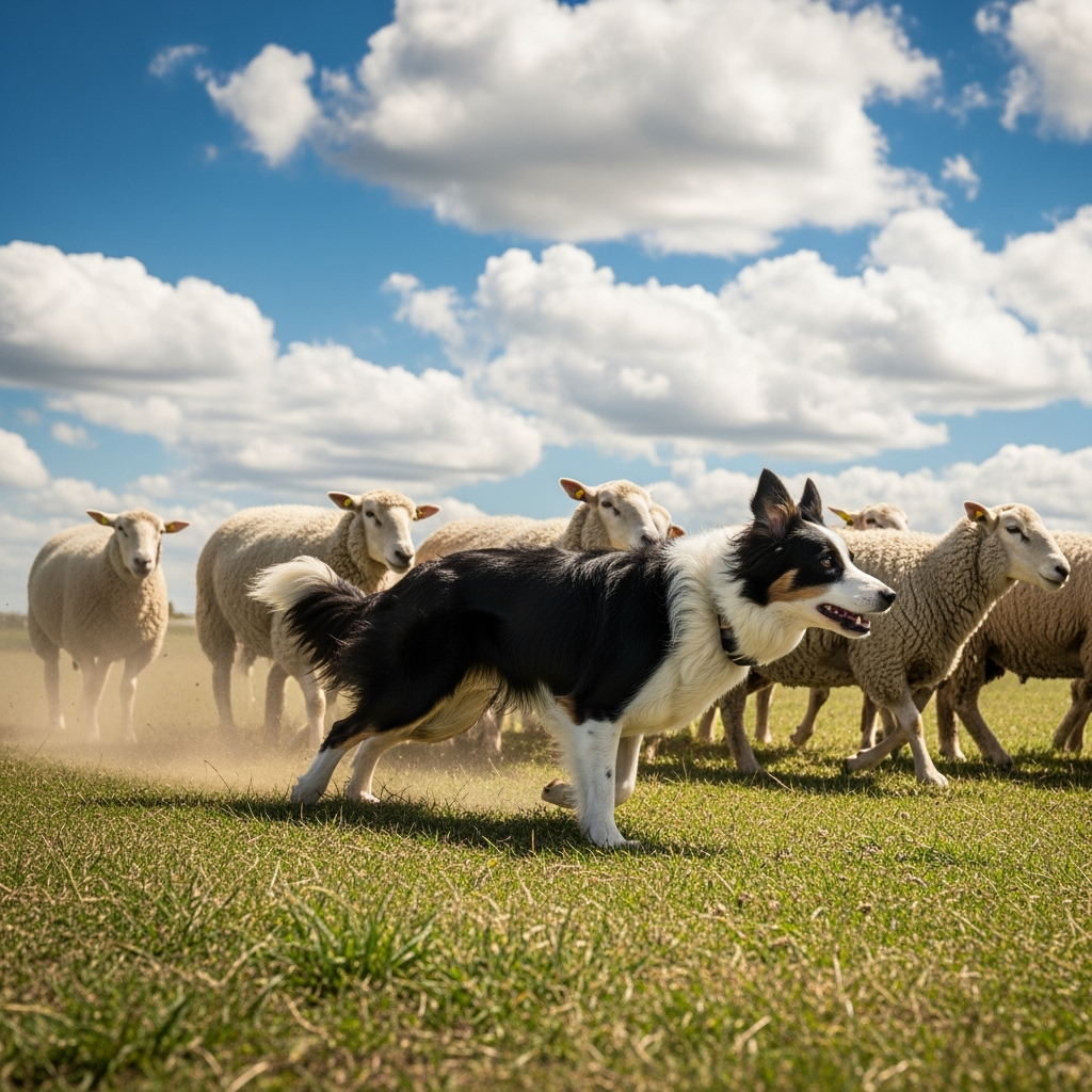 A Border Collie herding sheep in a grassy field (action shot).