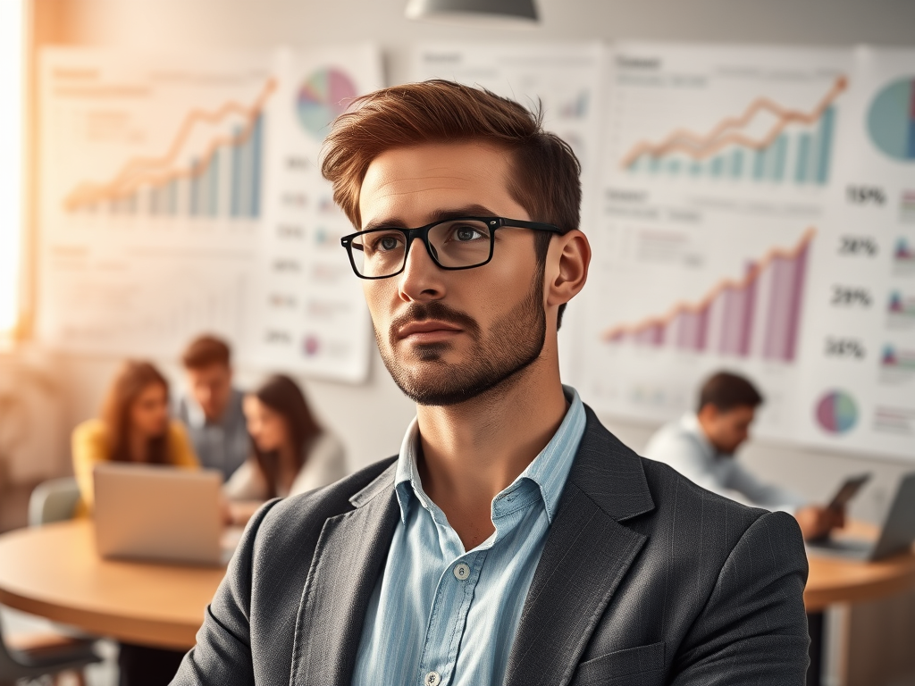 A determined startup founder with charts and graphs showing profitability, demonstrating a successful startup funding strategy.