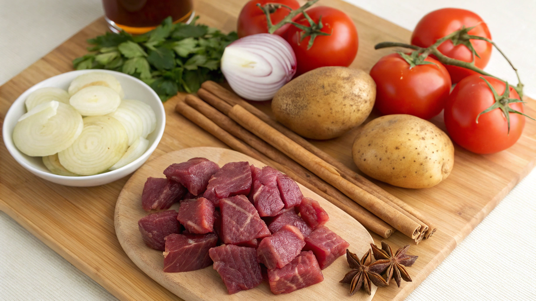 Stifado ingredients displayed on a wooden cutting board