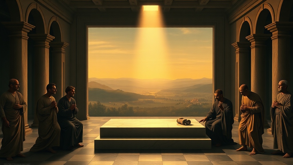 대리석 단상과 빛, 그리고 성찰하는 사람들