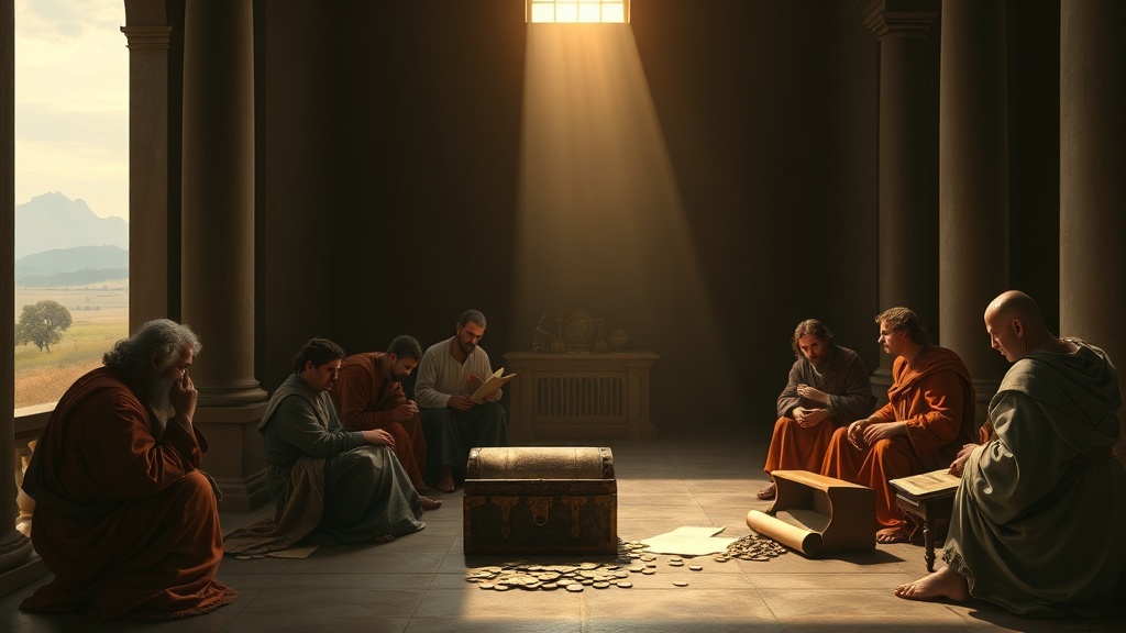 고전적 실내 풍경에서 빛을 받는 겸손한 인물과 그림자 속 부유한 인물들, 두루마리와 동전이 놓인 장면을 묘사