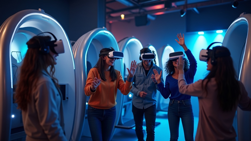 Grupo de amigos preparándose para una de las experiencias VR en Virtua Barcelona