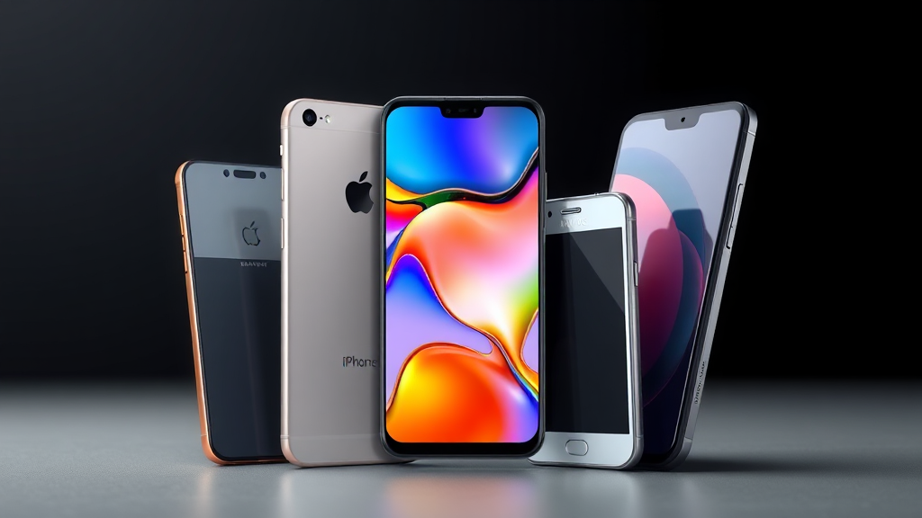 چندین گوشی هوشمند پرچم‌دار از برندهای مختلف (آیفون، سامسونگ، شیائومی) به صورت پویا چیده شده‌اند، که بر طراحی شیک و ویژگی‌های پیشرفته آنها در یک محیط مدرن و تمیز تأکید دارد. کیفیت ساخت و نمایشگر برتر آنها به وضوح دیده می‌شود.