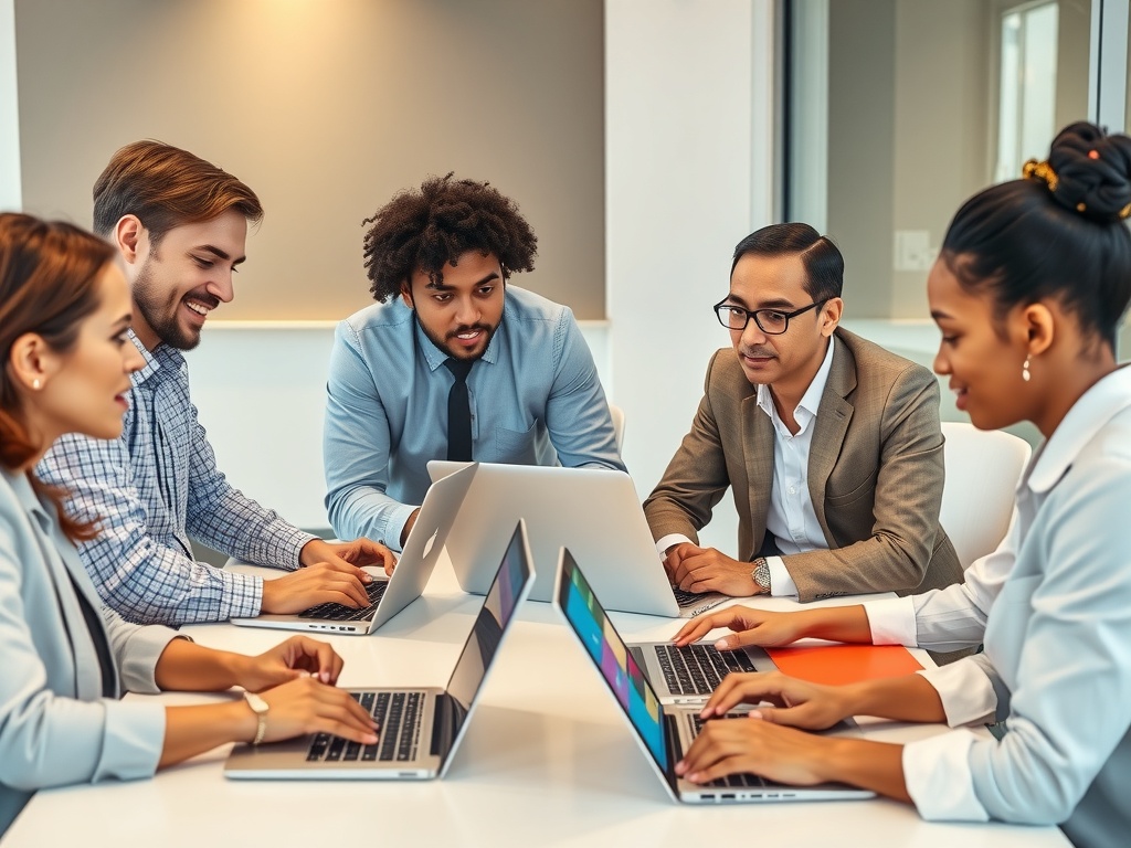 گروهی از متخصصان کسبوکار با لپتاپ 5G و ابزارهای هوش مصنوعی همکاری میکنند.