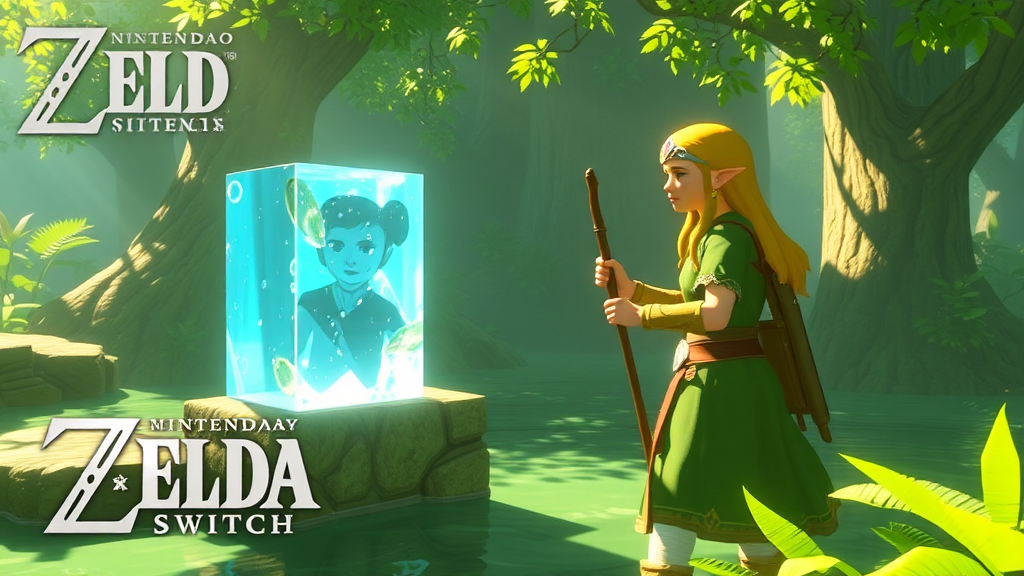 Princess Zelda using the Tri Rod to create an echo of a water block in a magical environment, showcasing the unique gameplay of Zelda Nintendo Switch.