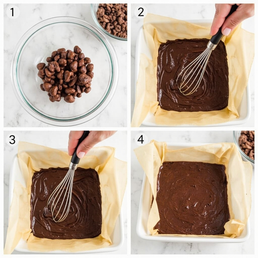 Brownie batter being poured into a lined baking pan