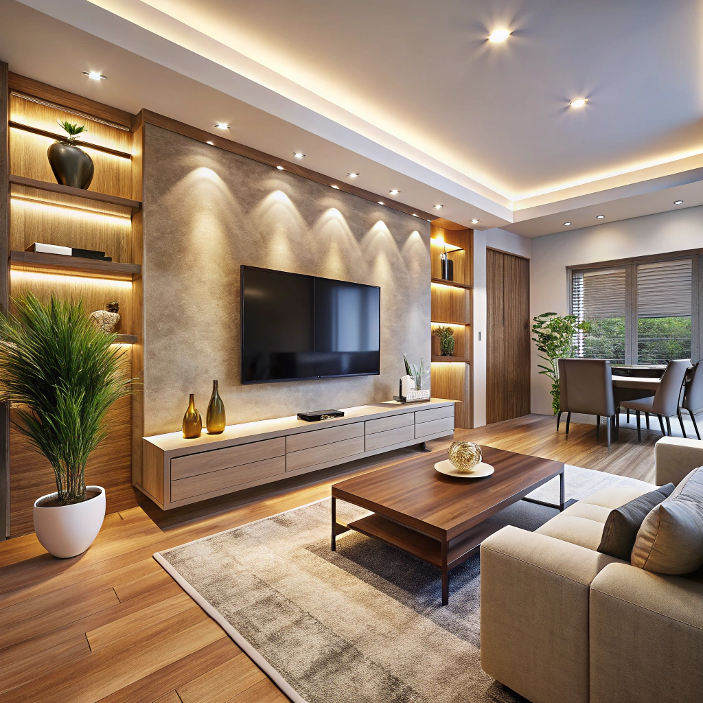 Modern Living Room with 75-Inch TV & Cozy Decor