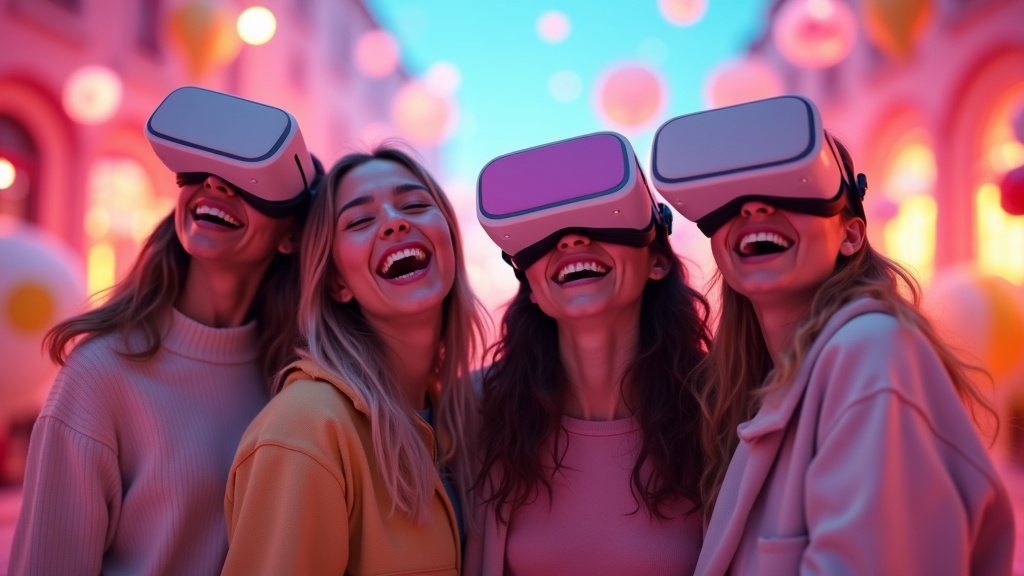 Grupo de amigos riendo mientras disfrutan del competitivo juego VR Sweet Escape en las instalaciones de Virtua Barcelona.