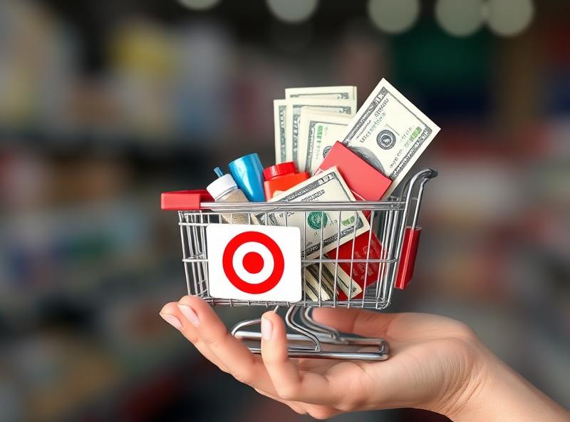 A hand holding a shopping cart with the Target logo. The cart is filled with various products and also bundles of money, representing value and innovation in retail. Represent the retail experience and investor's guide. Practical and appealing feeling.