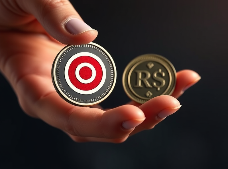 A hand holding a coin with the Target logo. The coin is flipping in the air, representing a bet. One side shows a sparkling gem, the other shows a risk symbol, with money symbols subtly integrated. Represent the potential for hidden value or risk. Uncertain and intriguing feeling.