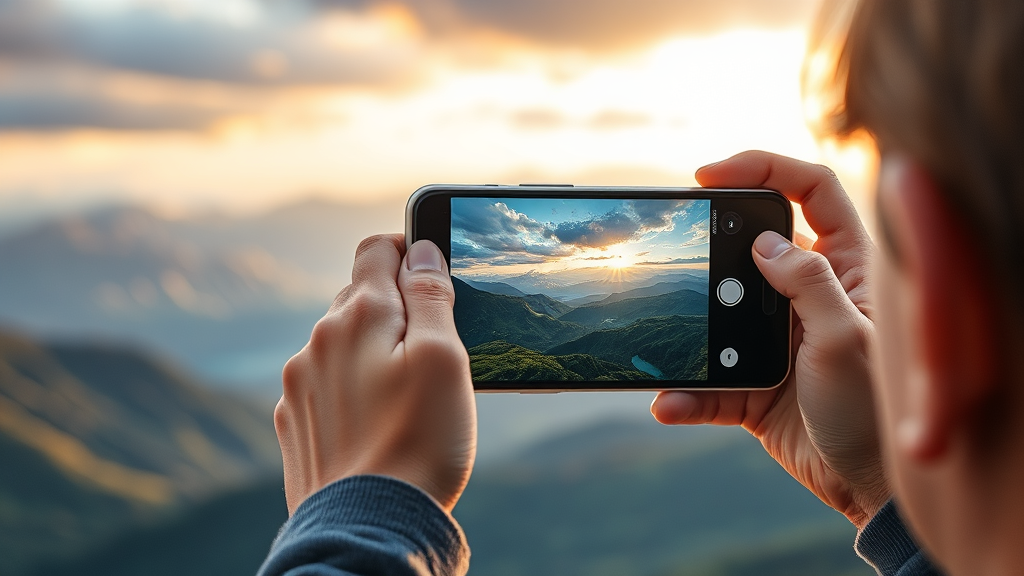 تصویری از فردی در حال عکاسی از منظره با دوربین گوشی هوشمند خود، که قابلیت‌های عکاسی موبایلی را در جدیدترین اخبار گوشی‌های هوشمند نشان می‌دهد.