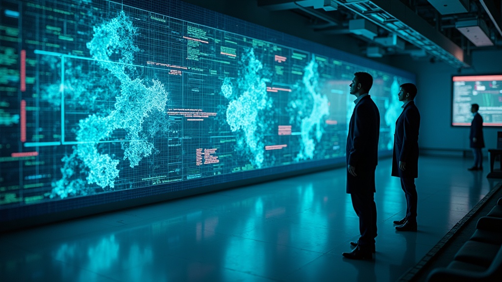 Visualización abstracta de datos genómicos procesados por la IA en descubrimiento de fármacos con NVIDIA DGX SuperPOD