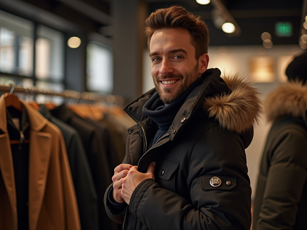 Man trying on warm winter jacket in clothing store