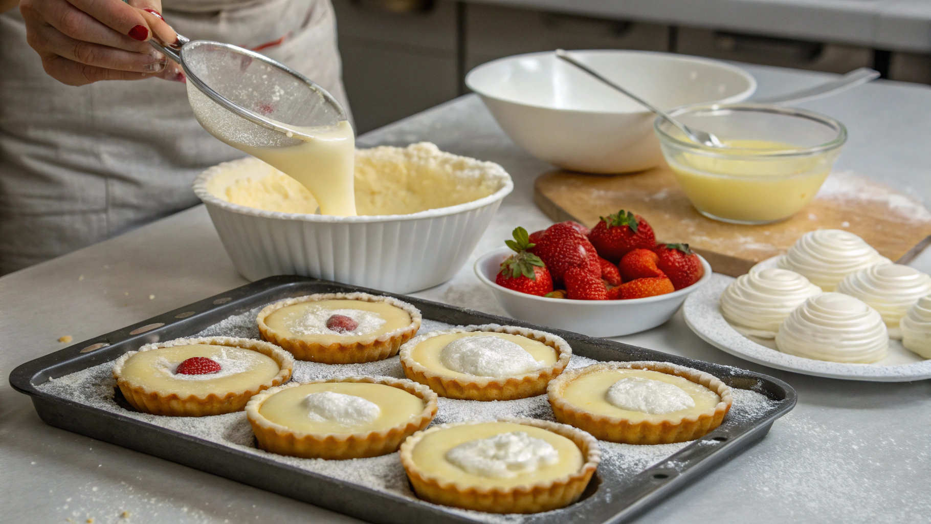 Sheets of puff pastry being prepared for baking on a floured surface with a rolling pin nearby