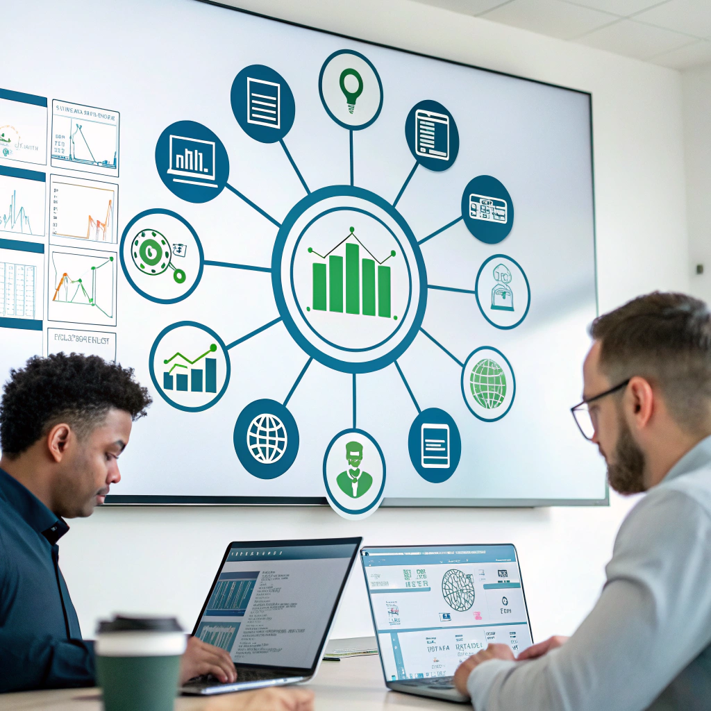 Zintegrowany system informatyczny ERP z centralną bazą danych i ikonami symbolizującymi działy firmy.