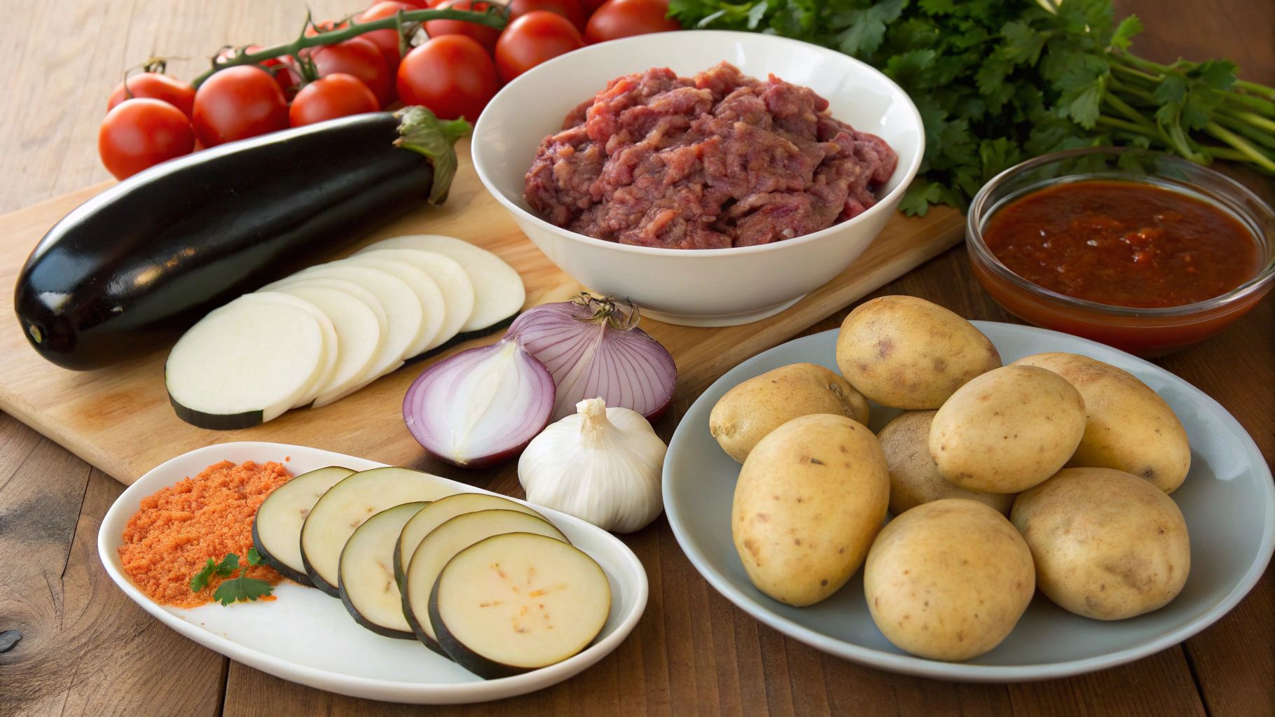 Moussaka ingredients arranged on a wooden table