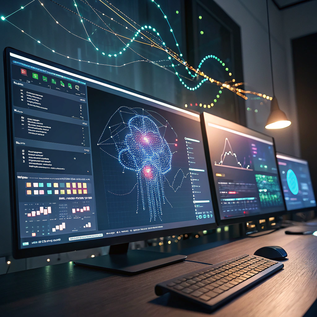 Futurystyczne środowisko pracy integrujące AI z n8n i agentami AI