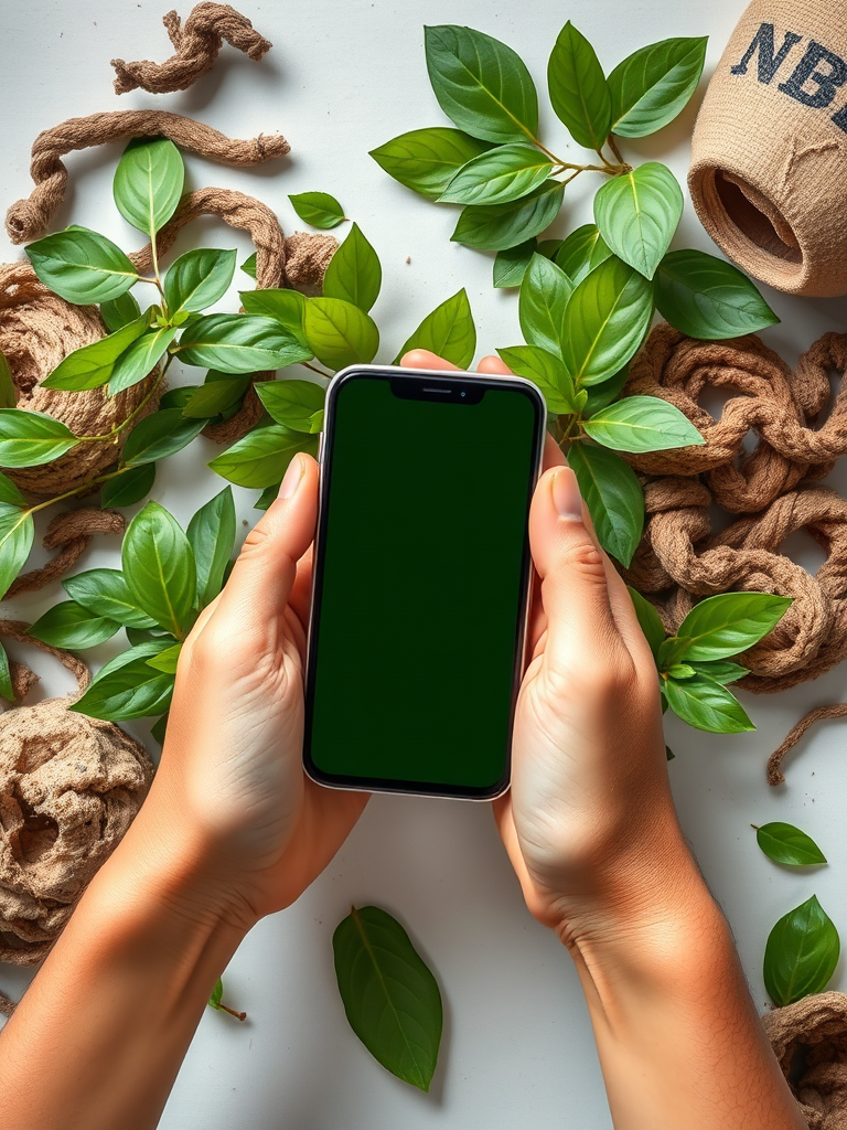 تصویری واقع‌گرایانه و با کیفیت از دست‌هایی که یک گوشی هوشمند مدرن با طراحی شیک و دوستدار محیط زیست را در دست دارند، احاطه شده با برگ‌های سبز و مواد بازیافتی، نمادی از فناوری پایدار و اخبار گوشی‌های هوشمند.