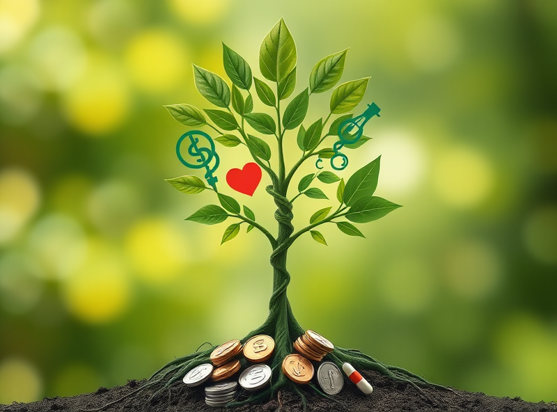An image depicting various symbols of healthcare (a caduceus, a microscope, a heart monitor, a pill capsule) integrated into a growing plant or tree, symbolizing the organic growth and essential nature of the sector. The roots of the plant are intertwined with coins or financial symbols. Use natural, calming colors mixed with elements of medical precision.