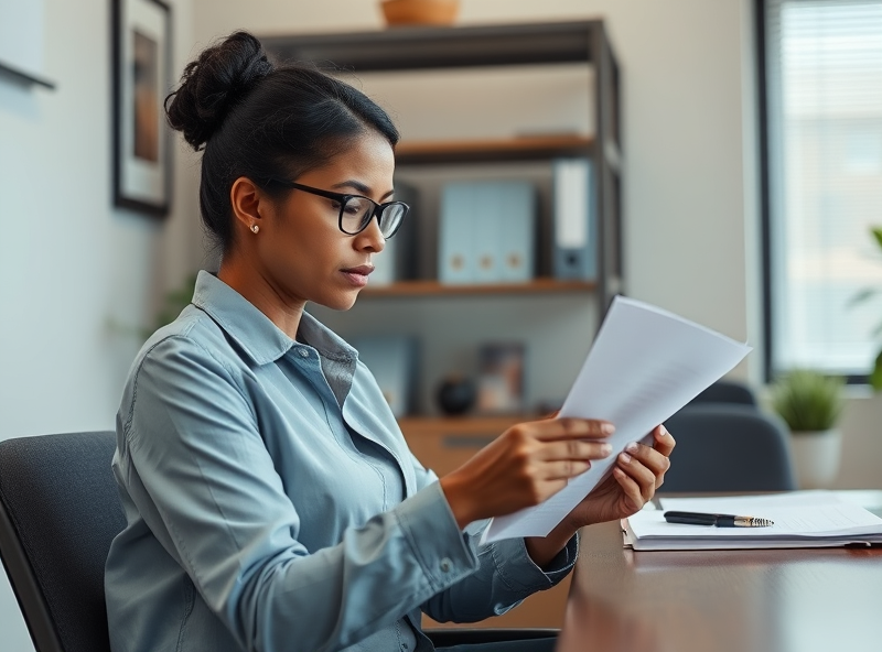 A focused individual in a tranquil office, attentively examining documents from EBT program troubleshooting memos, showing thoughtfulness and a calm mindset.