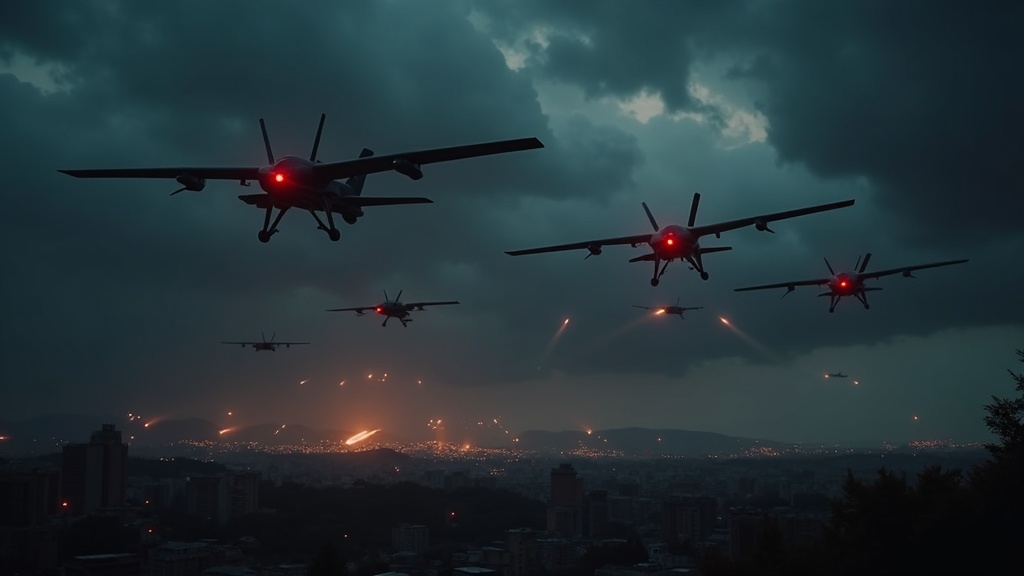 Dron militar ruso con IA volando sobre un paisaje destruido, representando la amenaza a la OTAN